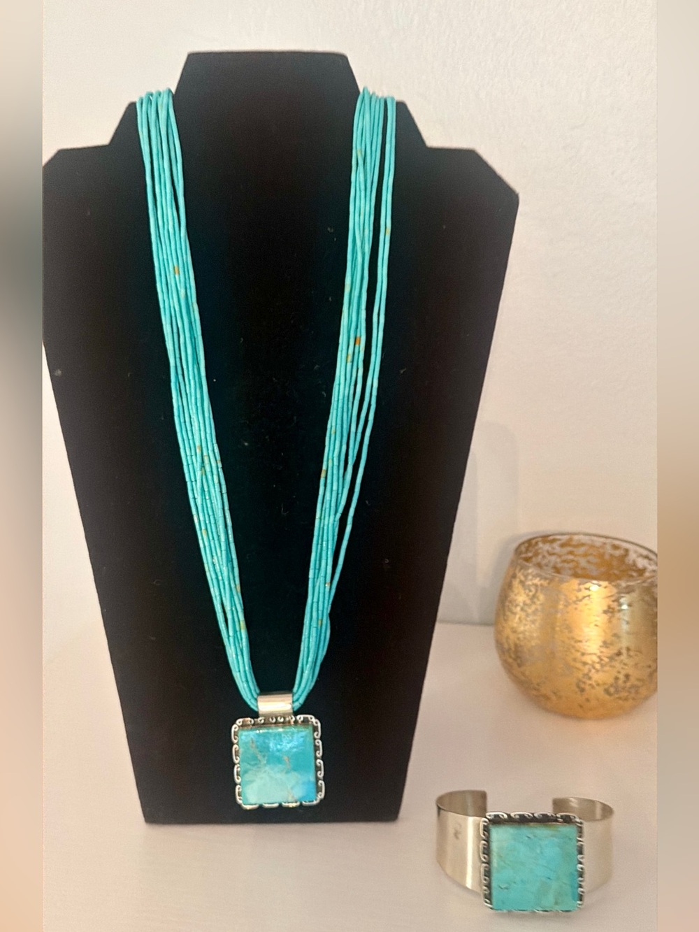 Vintage RARE 925 Turquoise Necklace Square Pendant w/Cuff Sterling Silver Set